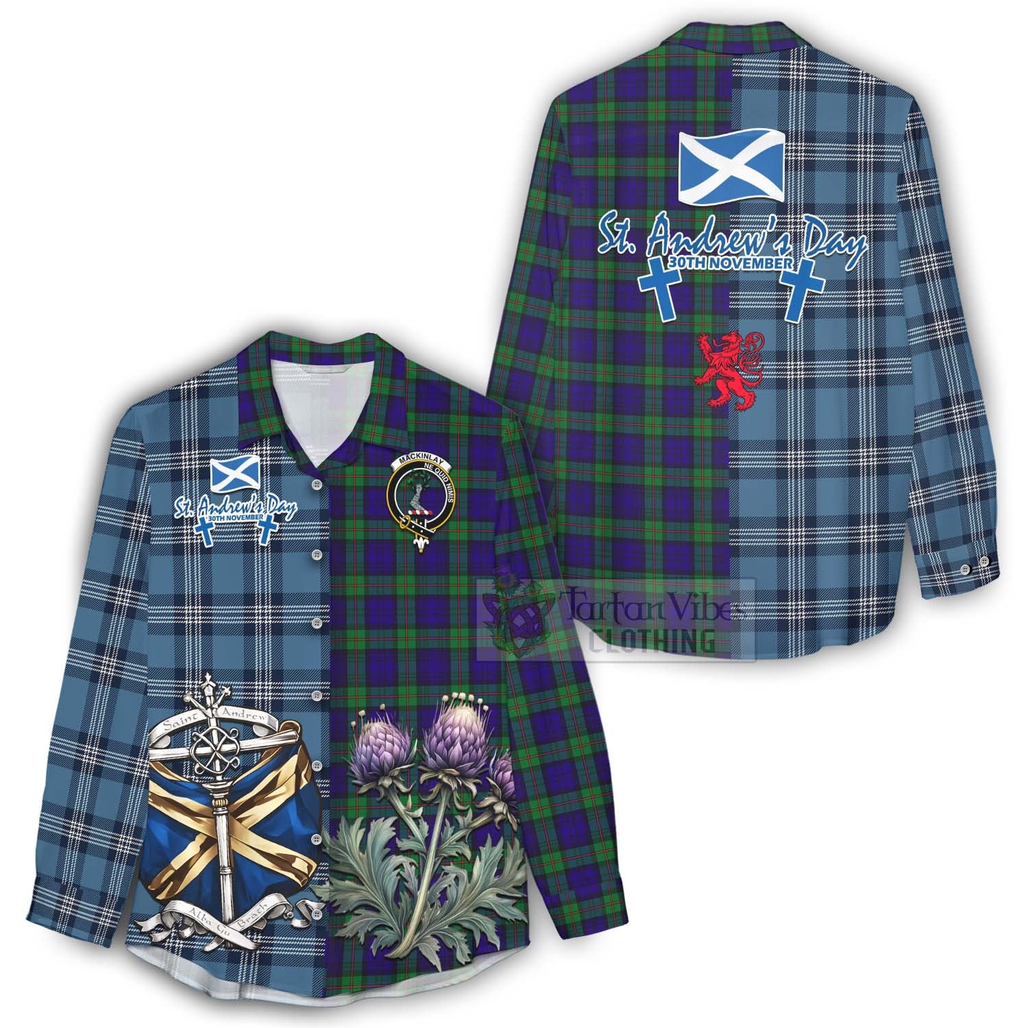 Tartan Vibes Clothing MacKinlay (McKinlay) Tartan Women's Casual Shirt Happy St. Andrew's Day Half Tartan Style