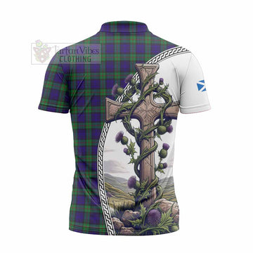 MacKinlay (McKinlay) Tartan Zipper Polo Shirt with Family Crest and St. Andrew's Cross Accented by Thistle Vines - Tartan Vibes Clothing