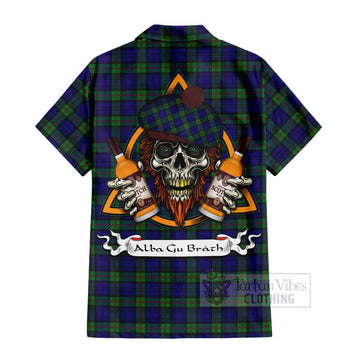 MacKinlay (McKinlay) Tartan Hawaiian Shirt with Family Crest and Bearded Skull Holding Bottles of Whiskey - Tartan Vibes Clothing