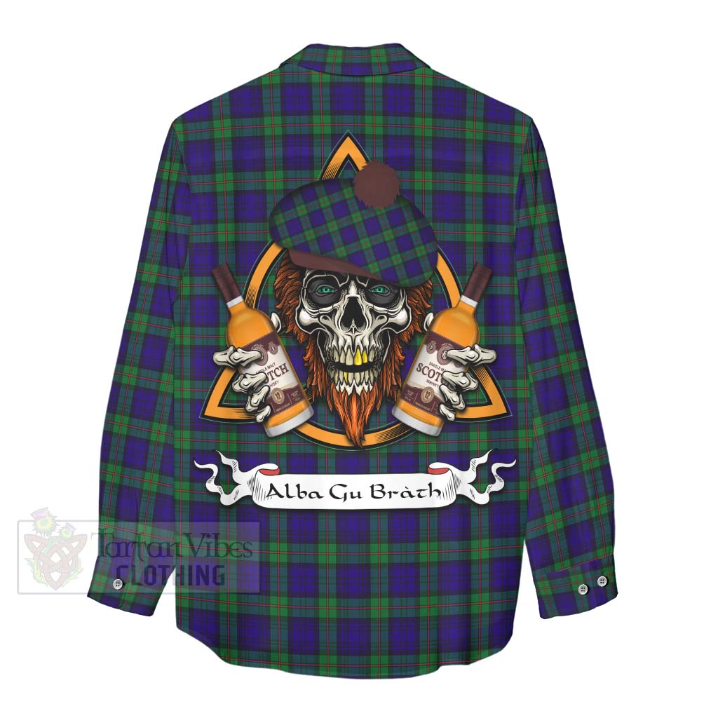 Tartan Vibes Clothing MacKinlay (McKinlay) Tartan Women's Casual Shirt with Family Crest and Bearded Skull Holding Bottles of Whiskey