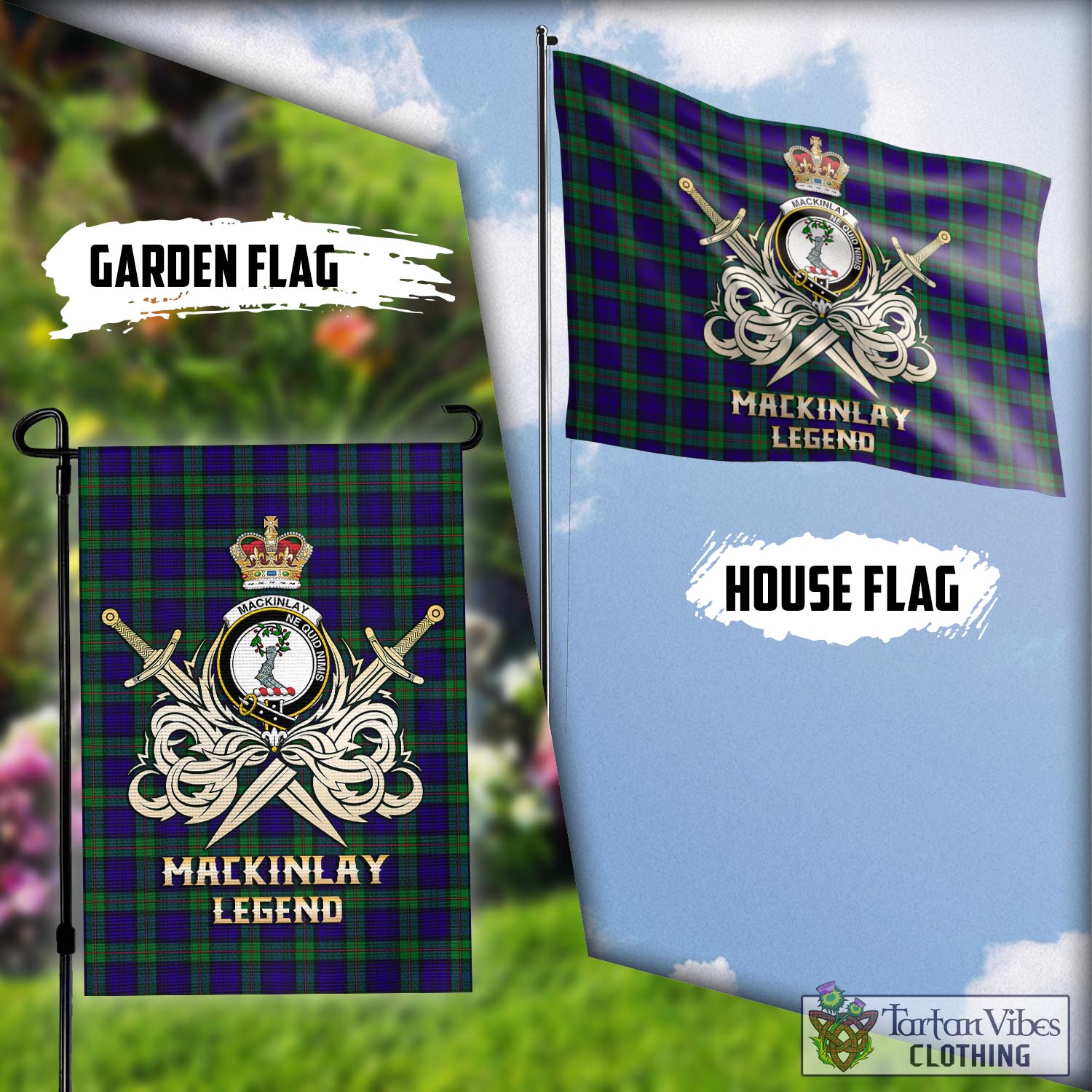 Tartan Vibes Clothing MacKinlay Modern Tartan Flag with Clan Crest and the Golden Sword of Courageous Legacy