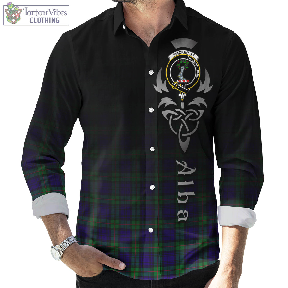 MacKinlay (McKinlay) Tartan Long Sleeve Button Up Featuring Alba Gu Brath Family Crest Celtic Inspired Men's Shirt - Tartan Vibes Clothing