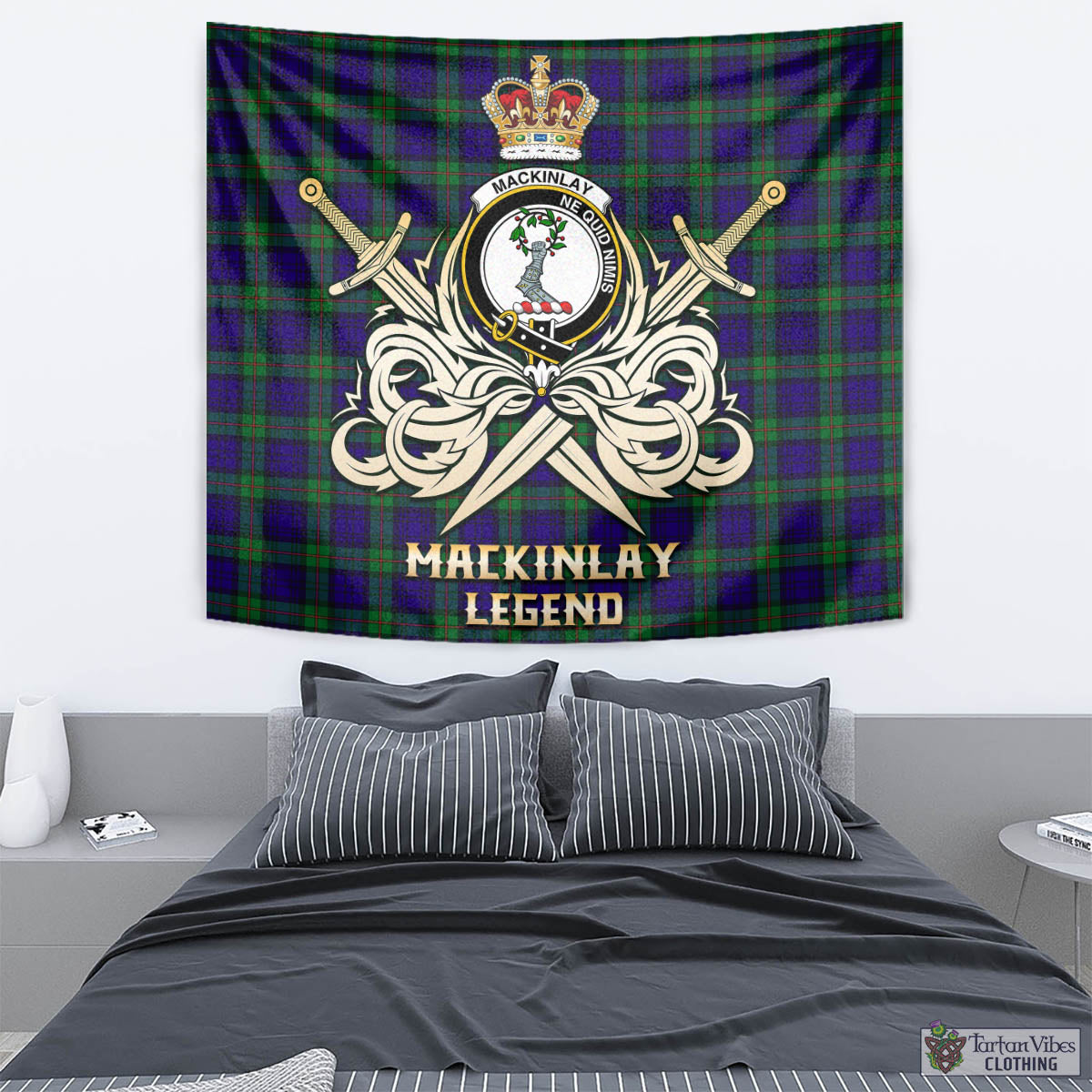 Tartan Vibes Clothing MacKinlay Modern Tartan Tapestry with Clan Crest and the Golden Sword of Courageous Legacy