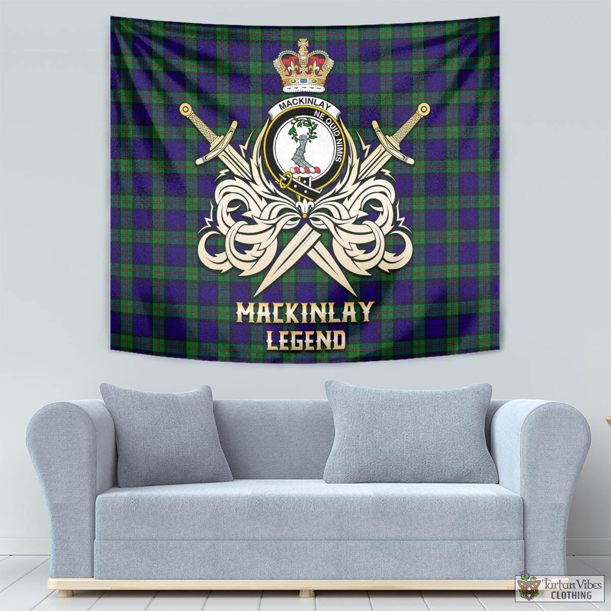 Tartan Vibes Clothing MacKinlay Modern Tartan Tapestry with Clan Crest and the Golden Sword of Courageous Legacy