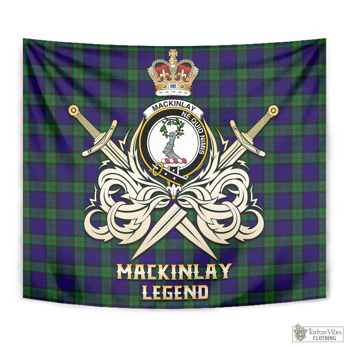 Tartan Vibes Clothing MacKinlay Modern Tartan Tapestry with Clan Crest and the Golden Sword of Courageous Legacy