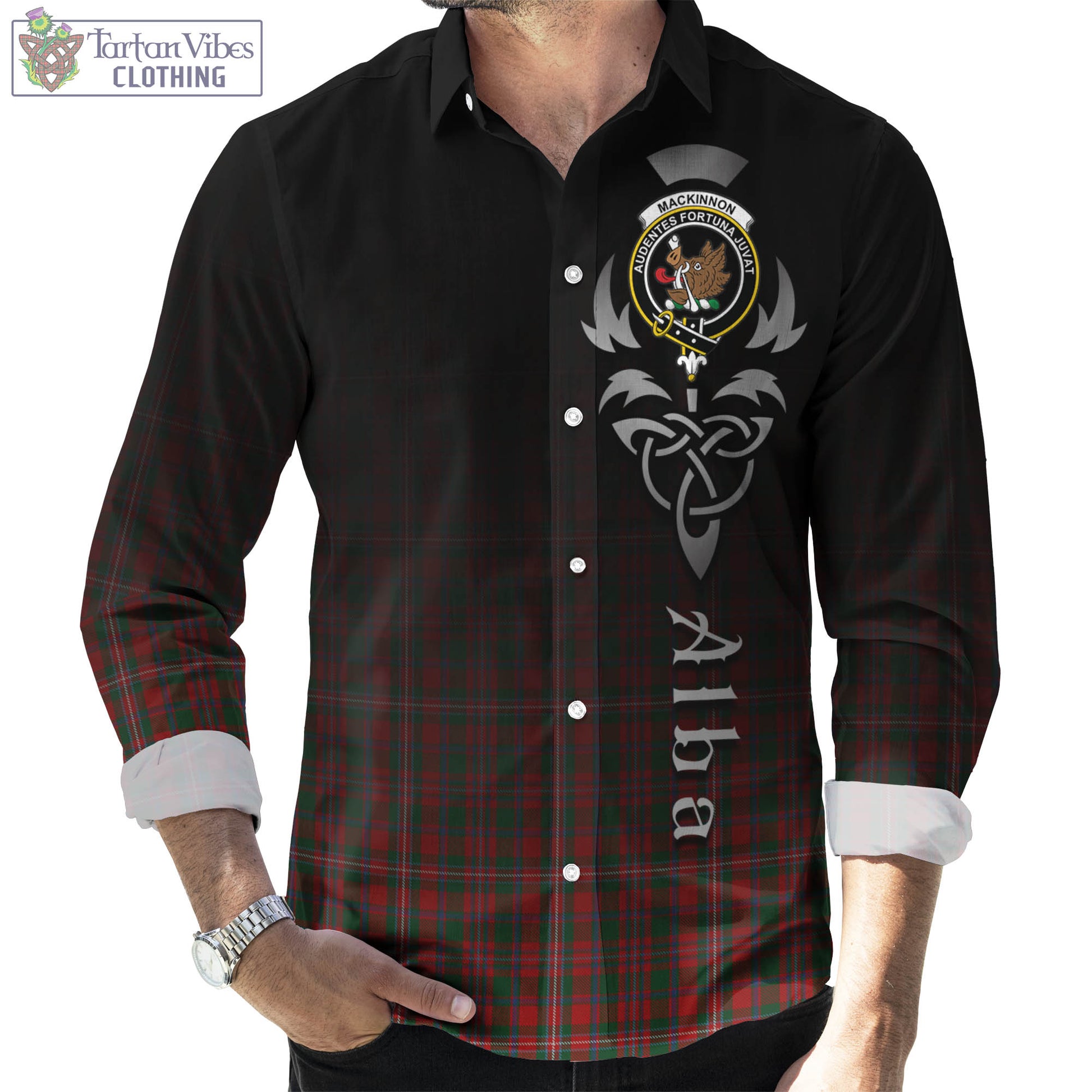 Tartan Vibes Clothing MacKinnon Tartan Long Sleeve Button Up Featuring Alba Gu Brath Family Crest Celtic Inspired