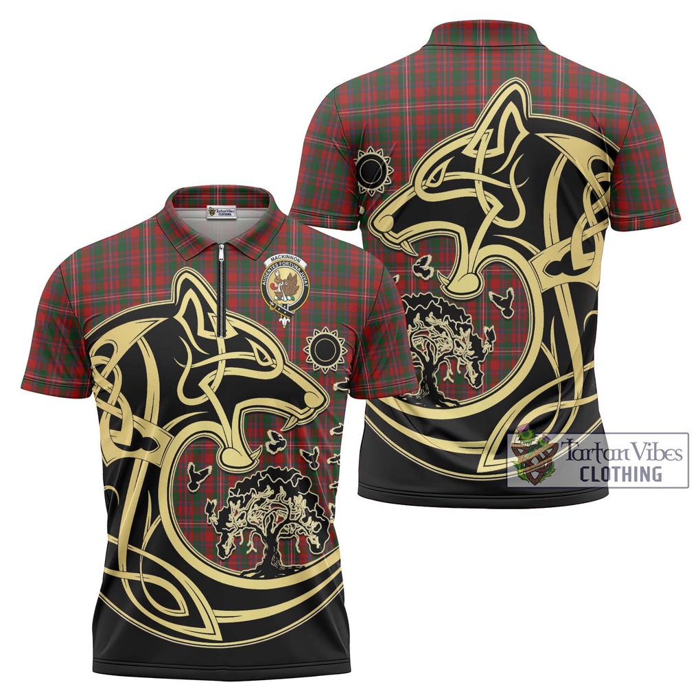 MacKinnon (McKinnon) Tartan Zipper Polo Shirt with Family Crest Celtic Wolf Style Unisex - Tartanvibesclothing Shop