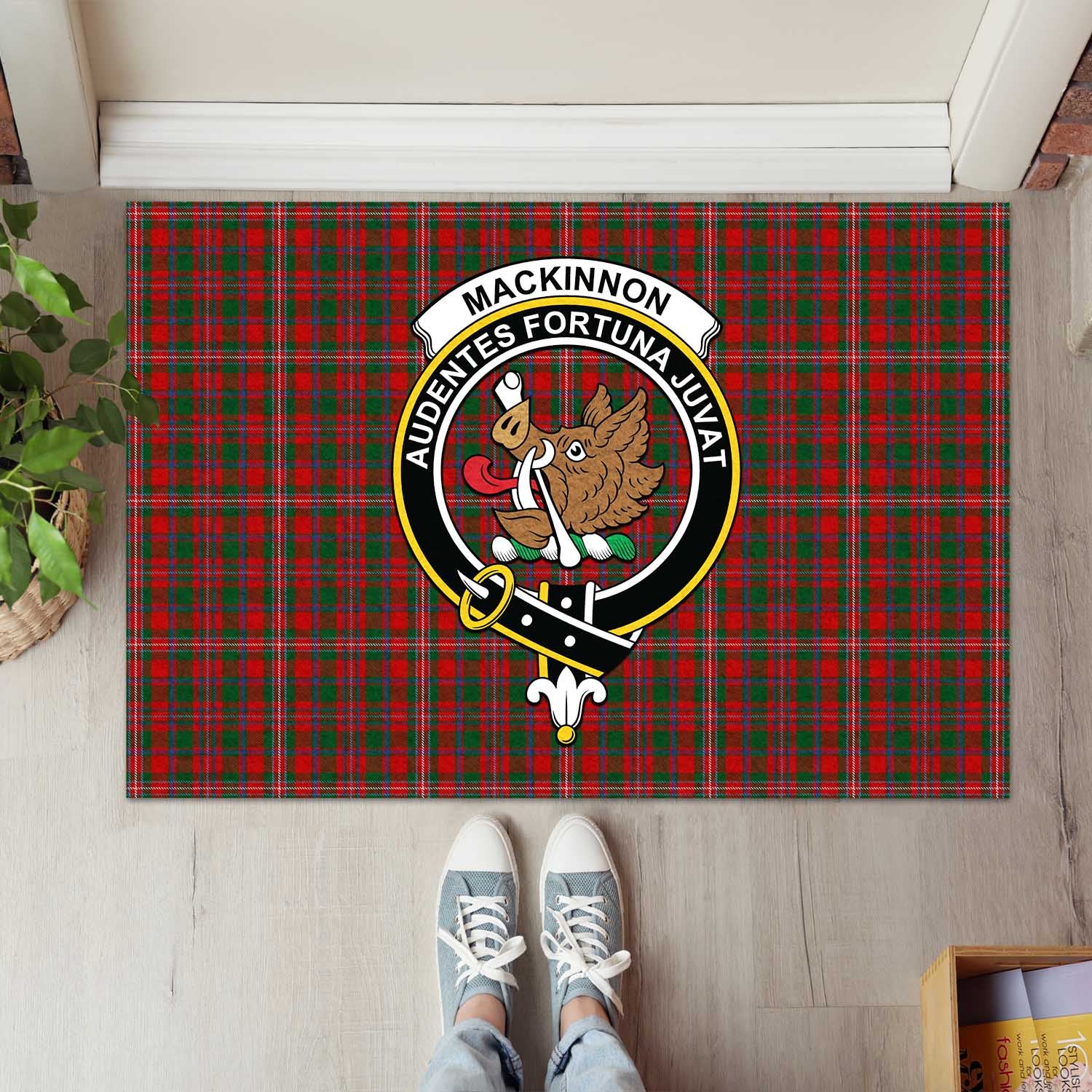 MacKinnon Tartan Door Mat with Family Crest - Tartanvibesclothing