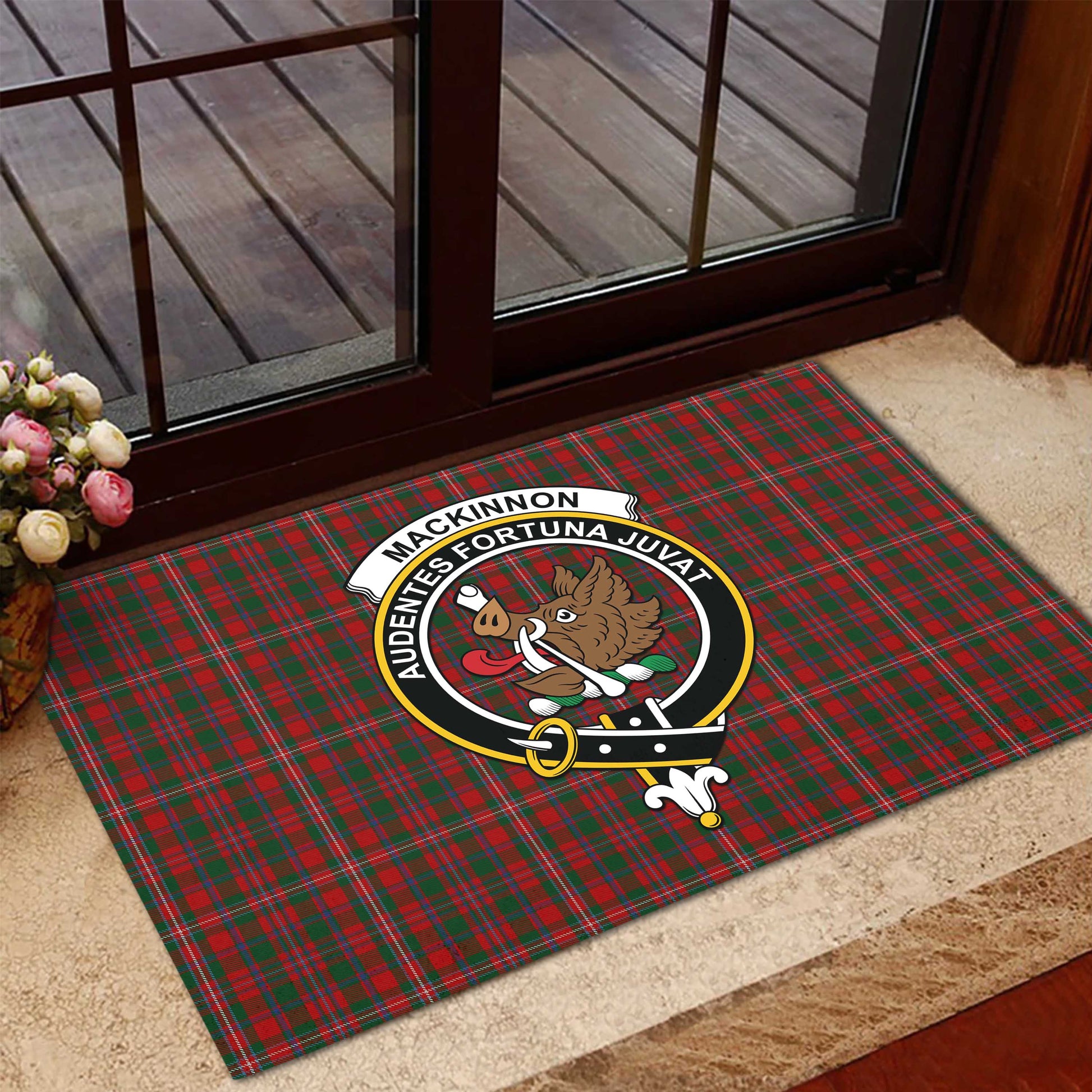 MacKinnon Tartan Door Mat with Family Crest - Tartanvibesclothing