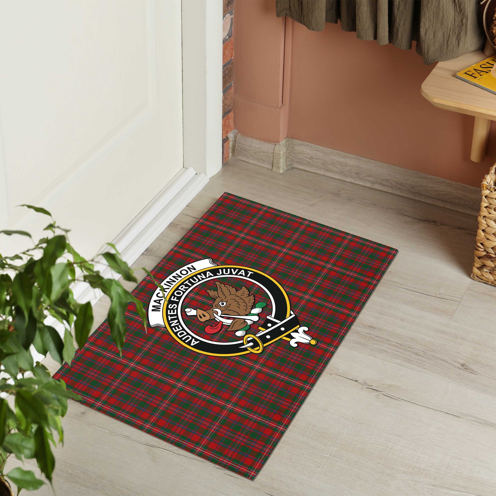 MacKinnon Tartan Door Mat with Family Crest - Tartanvibesclothing