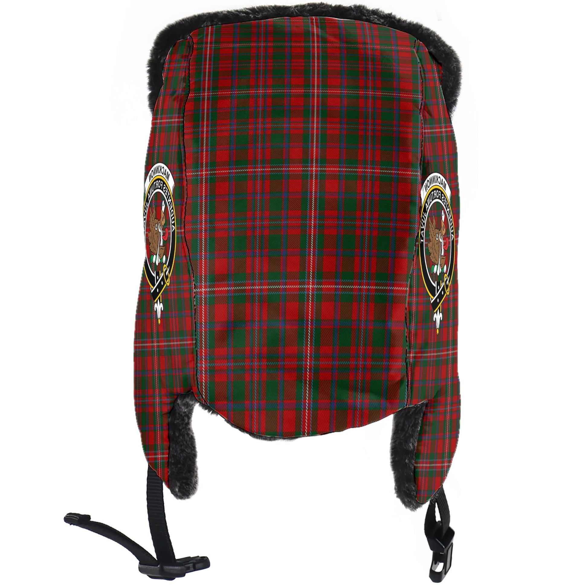 MacKinnon Tartan Winter Trapper Hat with Family Crest - Tartanvibesclothing