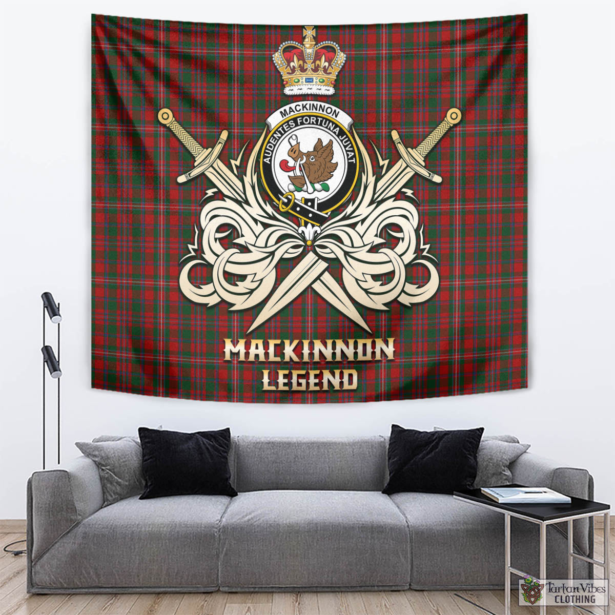 Tartan Vibes Clothing MacKinnon Tartan Tapestry with Clan Crest and the Golden Sword of Courageous Legacy