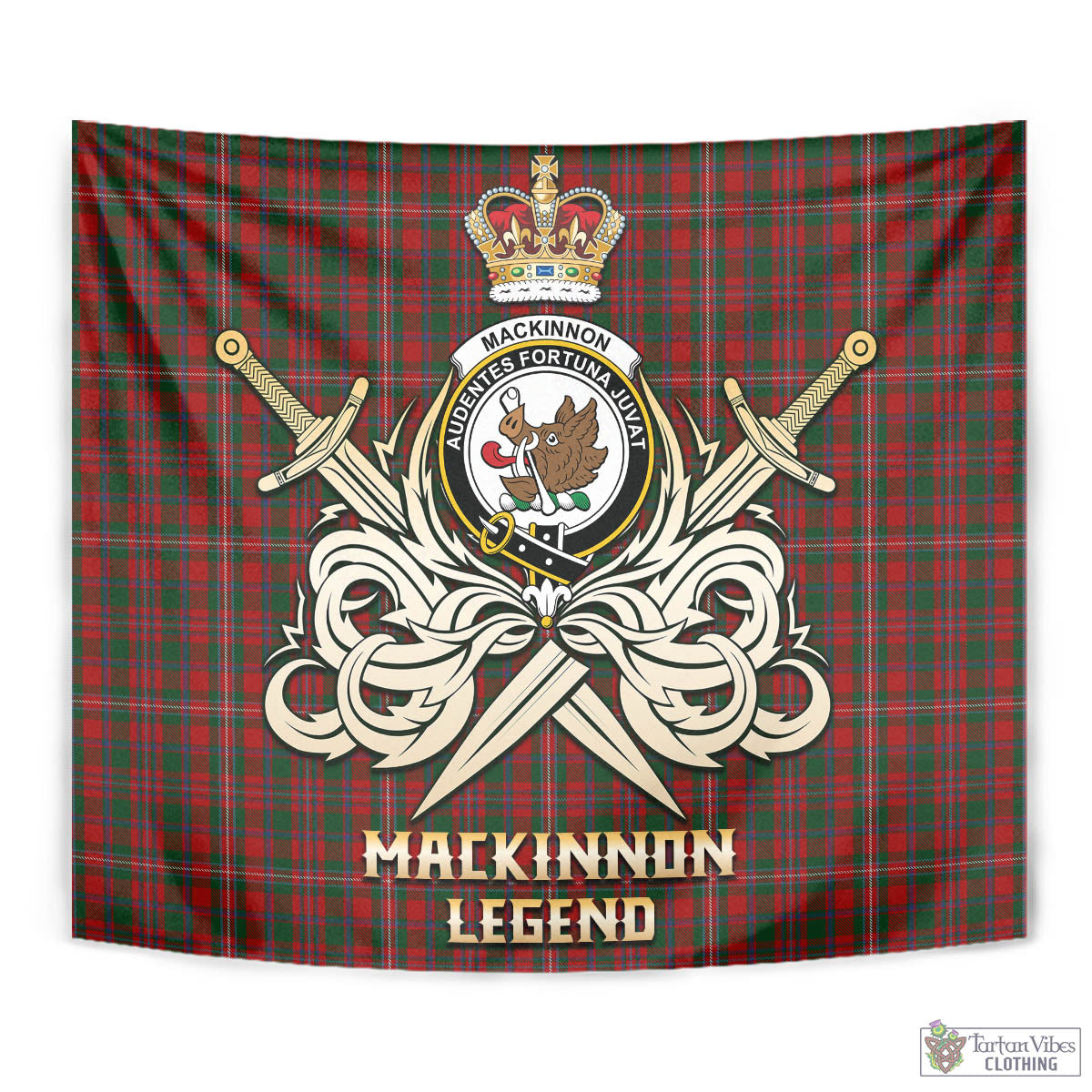 Tartan Vibes Clothing MacKinnon Tartan Tapestry with Clan Crest and the Golden Sword of Courageous Legacy