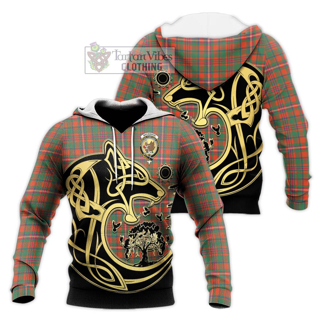 MacKinnon Ancient Tartan Knitted Hoodie with Family Crest Celtic Wolf Style Unisex Knitted Pullover Hoodie - Tartan Vibes Clothing