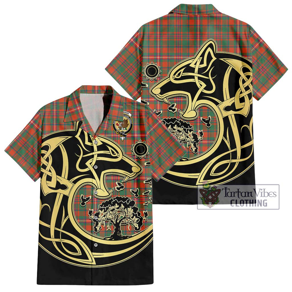 MacKinnon Ancient Tartan Short Sleeve Button Shirt with Family Crest Celtic Wolf Style Kid - Tartan Vibes Clothing