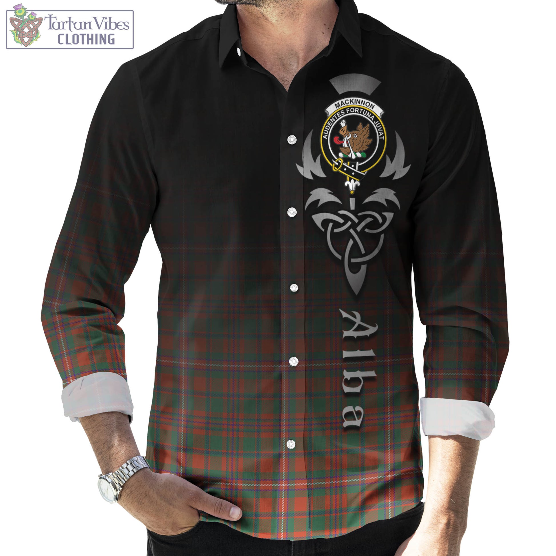 Tartan Vibes Clothing MacKinnon Ancient Tartan Long Sleeve Button Up Featuring Alba Gu Brath Family Crest Celtic Inspired