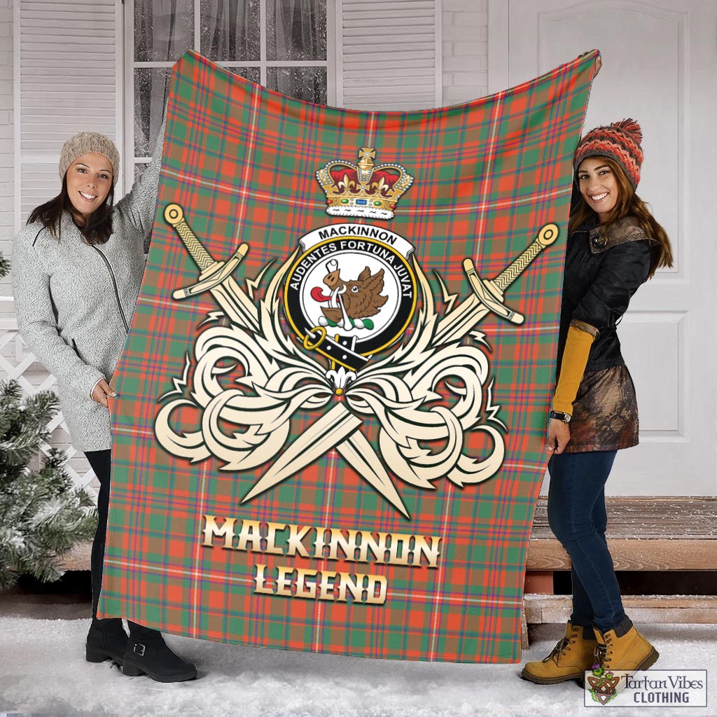 Tartan Vibes Clothing MacKinnon Ancient Tartan Blanket with Clan Crest and the Golden Sword of Courageous Legacy