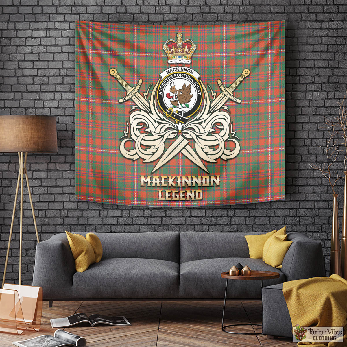 Tartan Vibes Clothing MacKinnon Ancient Tartan Tapestry with Clan Crest and the Golden Sword of Courageous Legacy