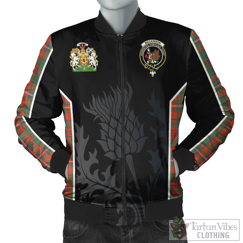 Tartan Vibes Clothing MacKinnon Ancient Tartan Bomber Jacket with Family Crest and Scottish Thistle Vibes Sport Style