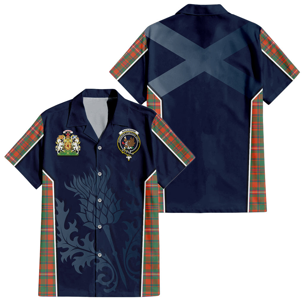 Tartan Vibes Clothing MacKinnon Ancient Tartan Short Sleeve Button Up Shirt with Family Crest and Scottish Thistle Vibes Sport Style