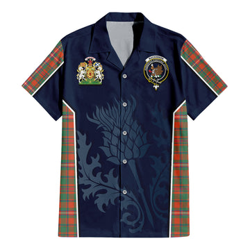 MacKinnon Ancient Tartan Short Sleeve Button Up Shirt with Family Crest and Scottish Thistle Vibes Sport Style