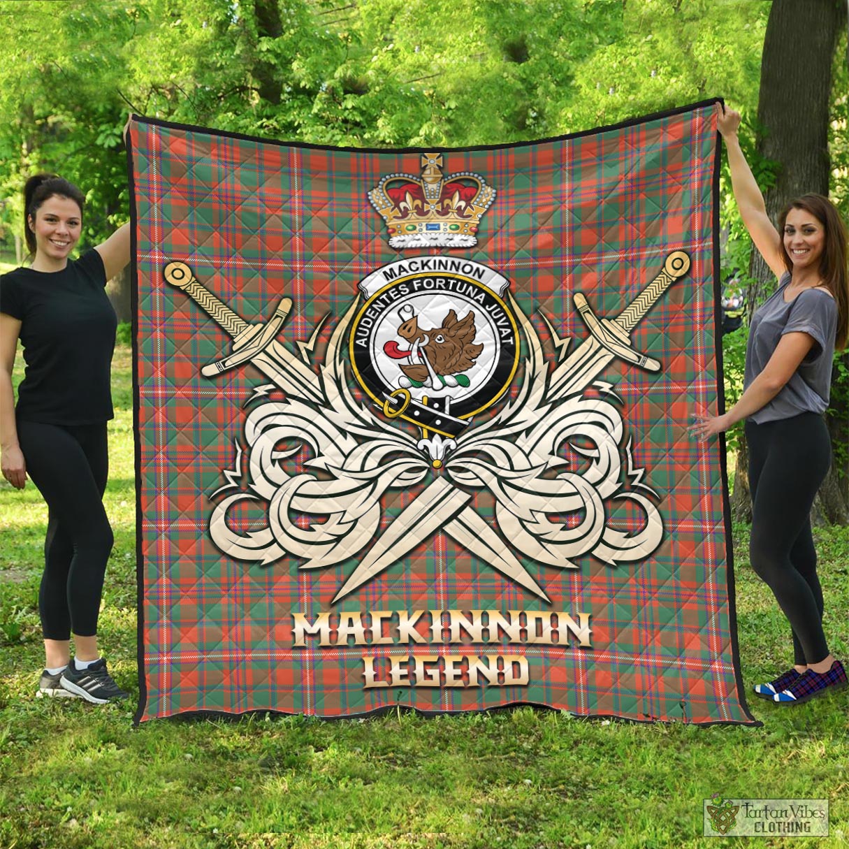 Tartan Vibes Clothing MacKinnon Ancient Tartan Quilt with Clan Crest and the Golden Sword of Courageous Legacy