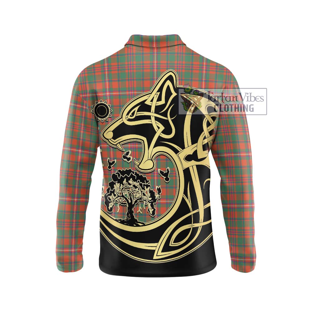 MacKinnon Ancient Tartan Long Sleeve Polo Shirt with Family Crest Celtic Wolf Style - Tartanvibesclothing Shop