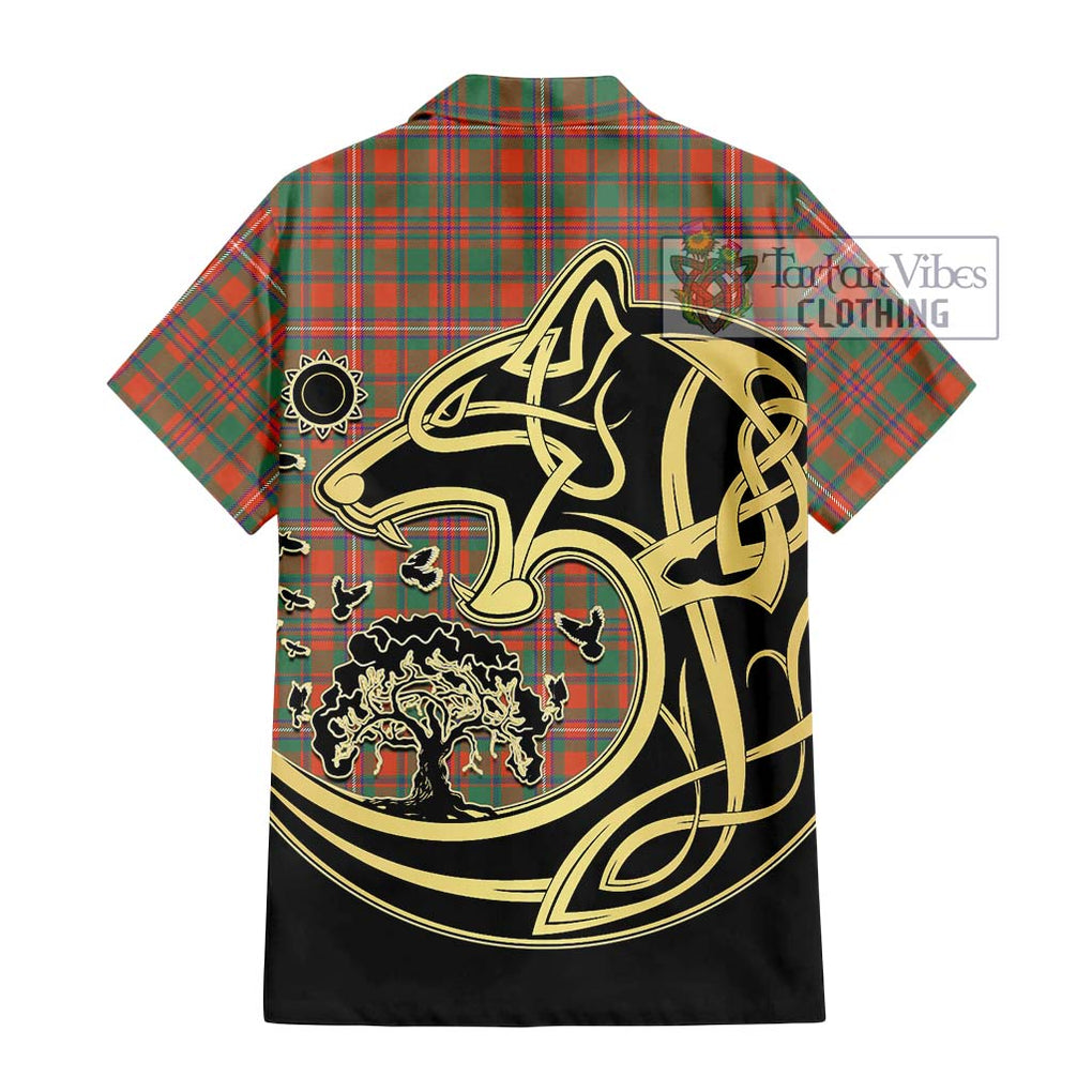 MacKinnon Ancient Tartan Short Sleeve Button Shirt with Family Crest Celtic Wolf Style - Tartan Vibes Clothing