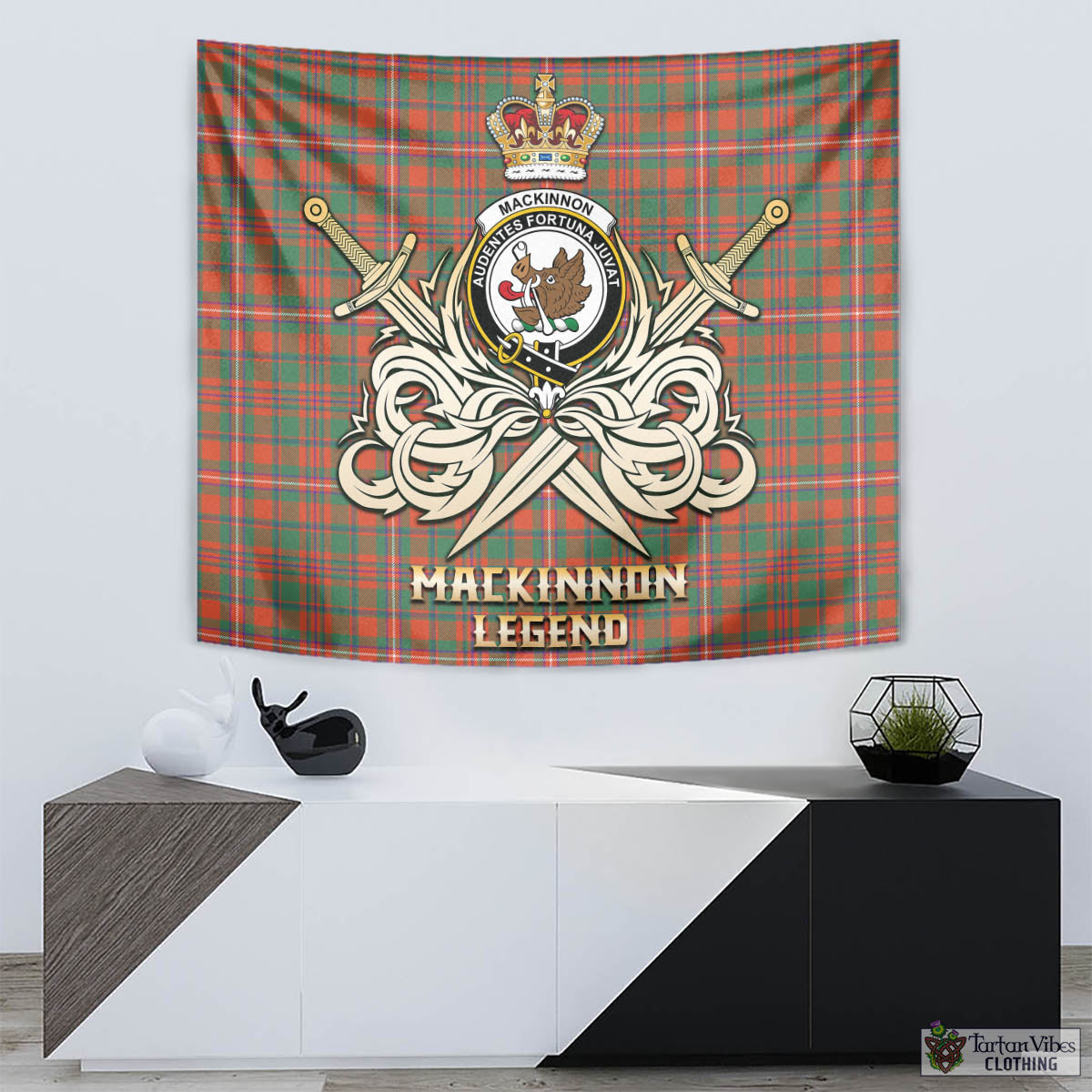 Tartan Vibes Clothing MacKinnon Ancient Tartan Tapestry with Clan Crest and the Golden Sword of Courageous Legacy