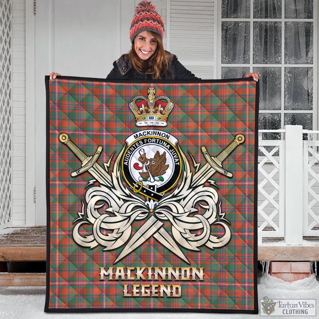 Tartan Vibes Clothing MacKinnon Ancient Tartan Quilt with Clan Crest and the Golden Sword of Courageous Legacy