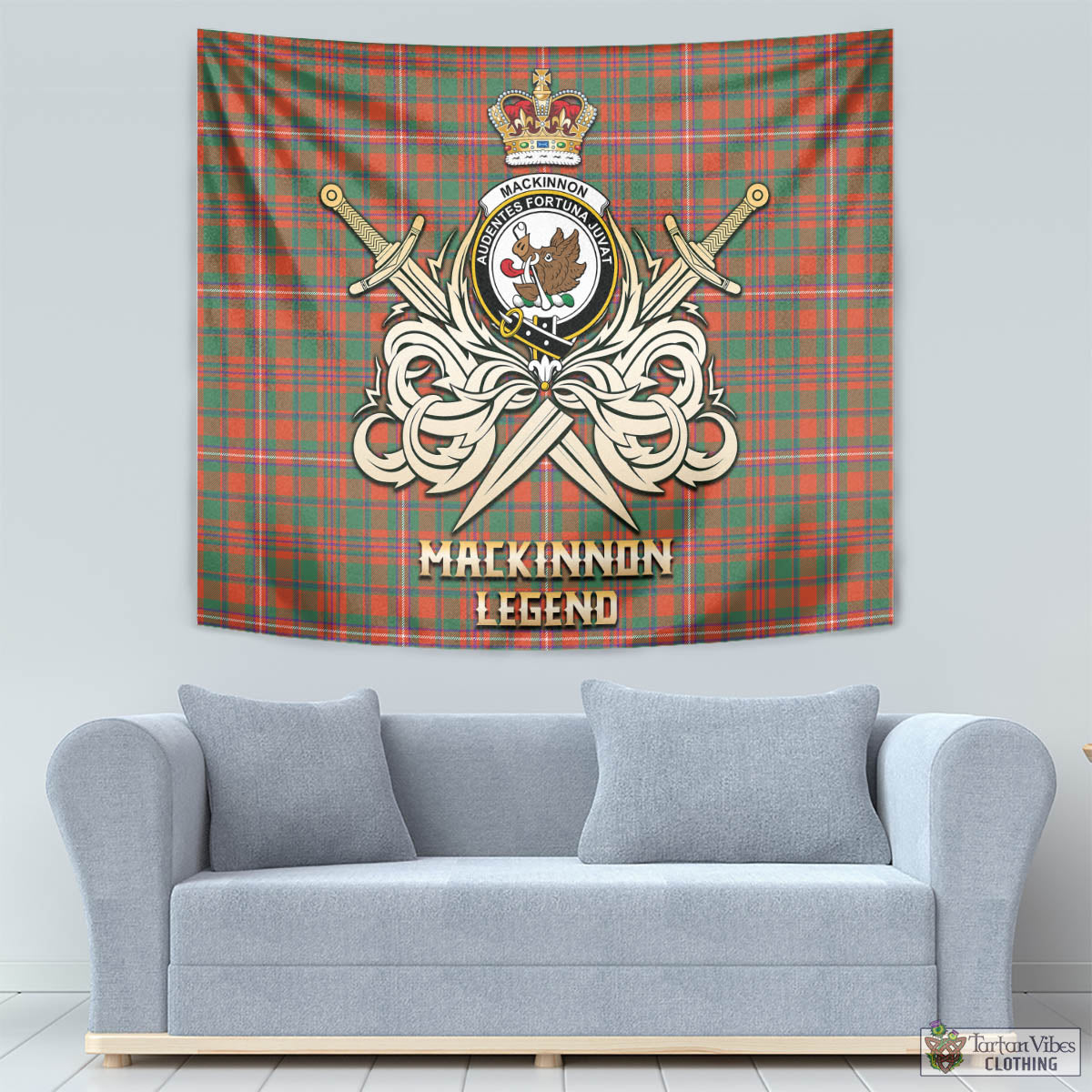 Tartan Vibes Clothing MacKinnon Ancient Tartan Tapestry with Clan Crest and the Golden Sword of Courageous Legacy