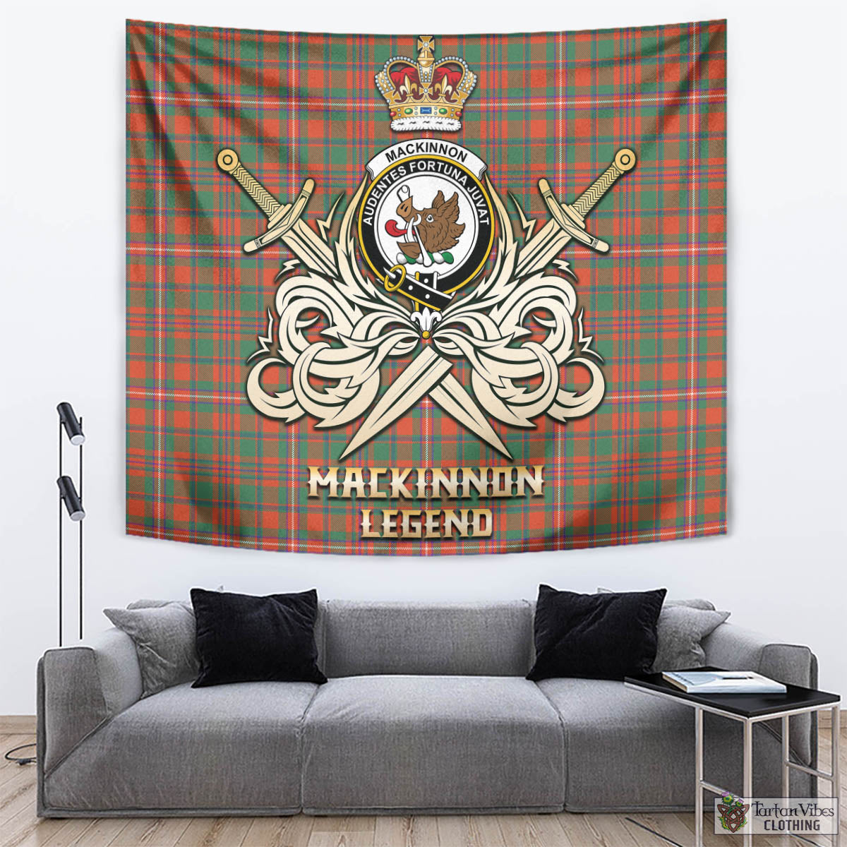 Tartan Vibes Clothing MacKinnon Ancient Tartan Tapestry with Clan Crest and the Golden Sword of Courageous Legacy