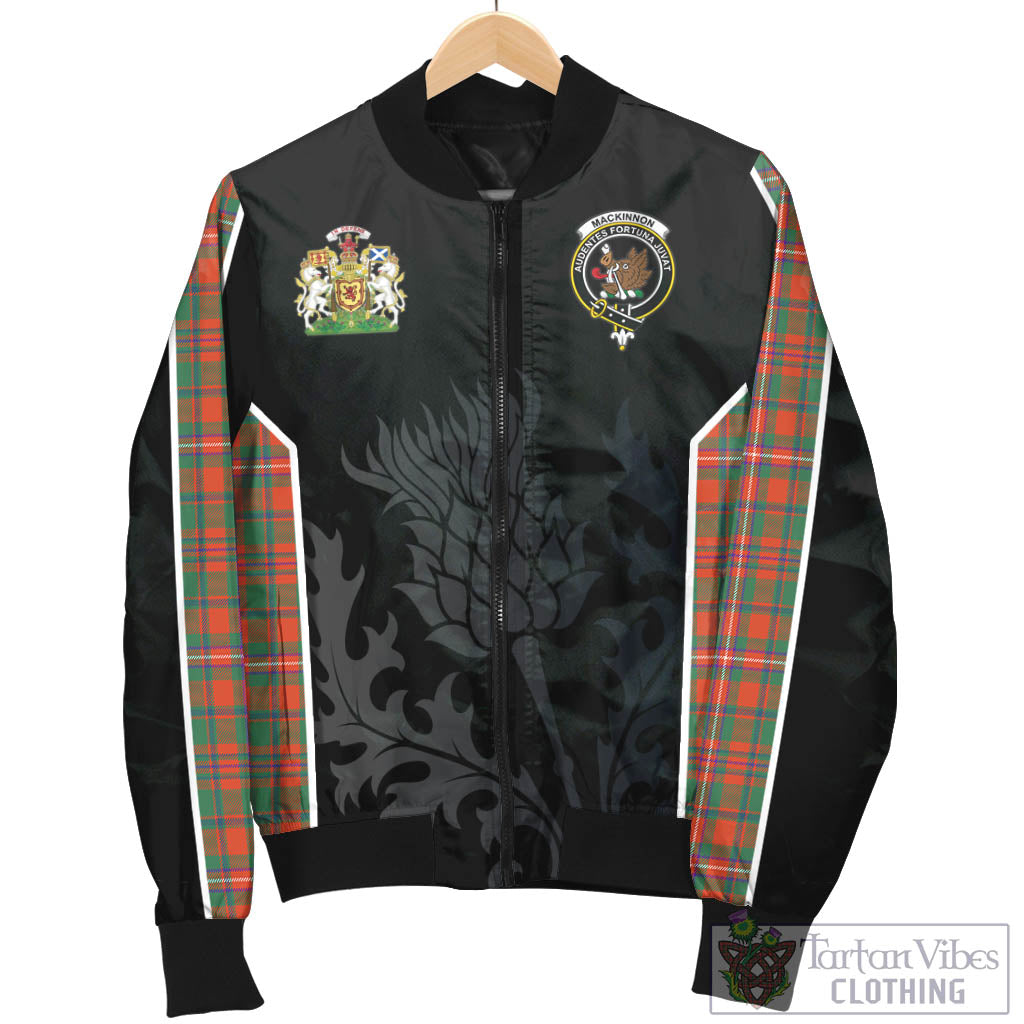 Tartan Vibes Clothing MacKinnon Ancient Tartan Bomber Jacket with Family Crest and Scottish Thistle Vibes Sport Style