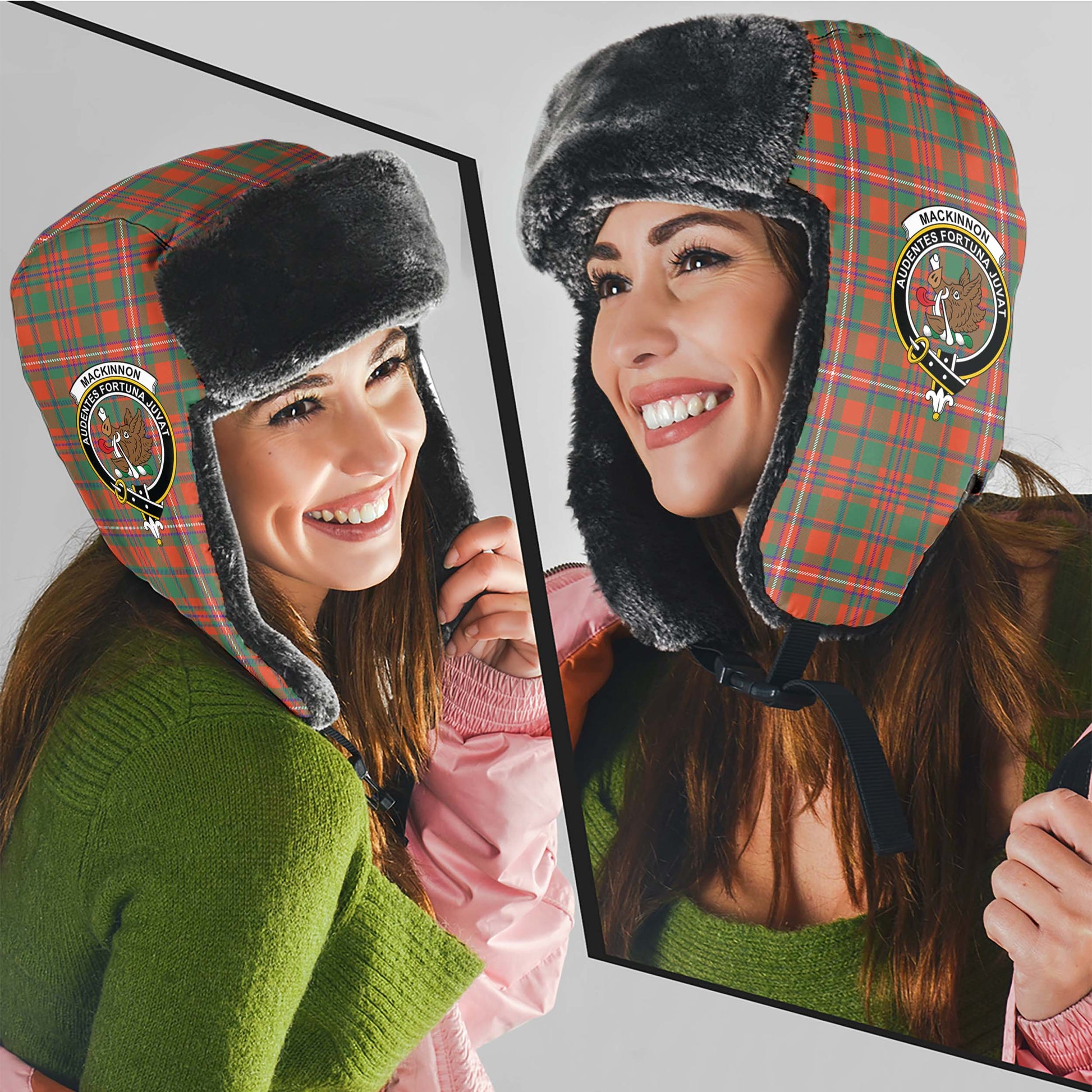 MacKinnon Ancient Tartan Winter Trapper Hat with Family Crest - Tartanvibesclothing