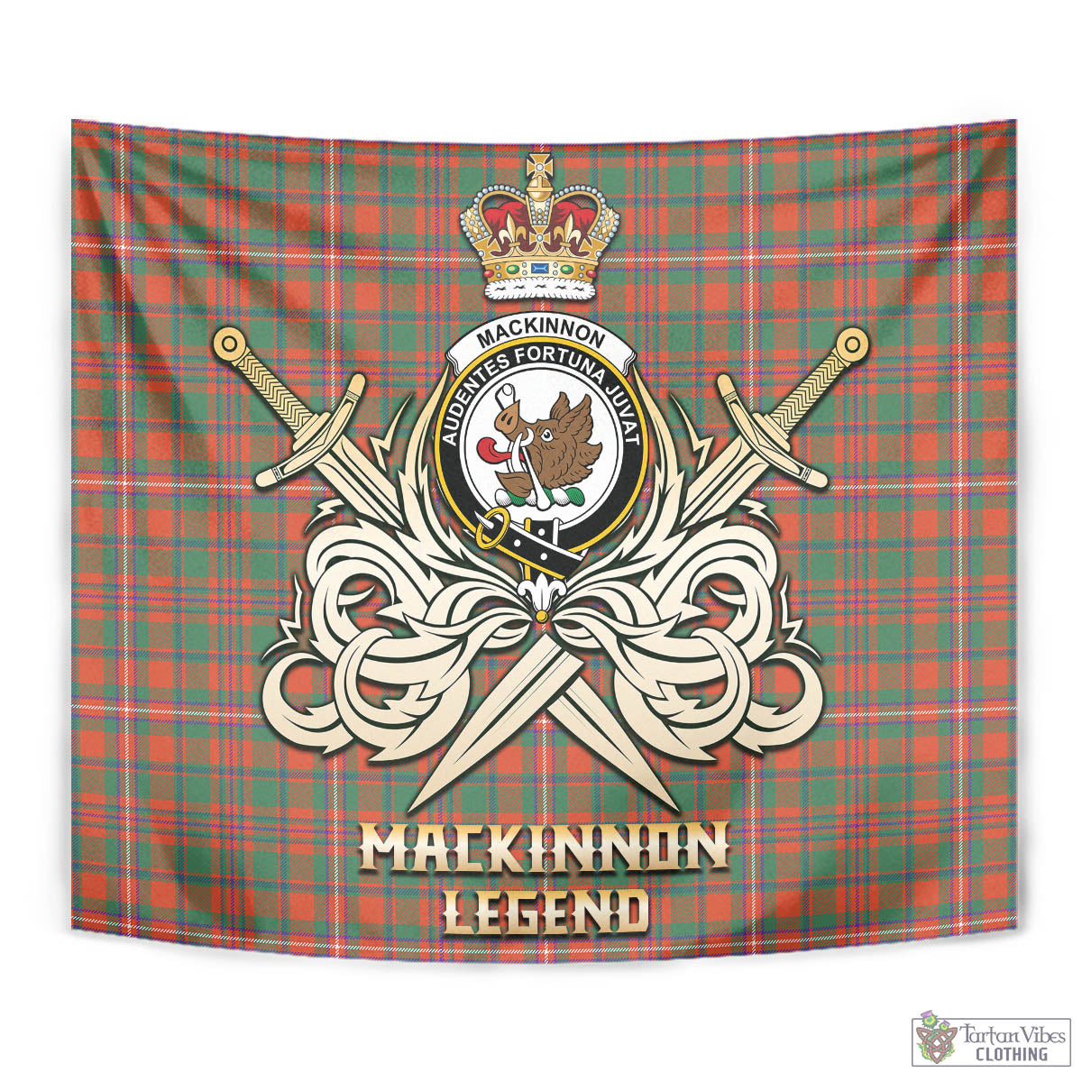 Tartan Vibes Clothing MacKinnon Ancient Tartan Tapestry with Clan Crest and the Golden Sword of Courageous Legacy