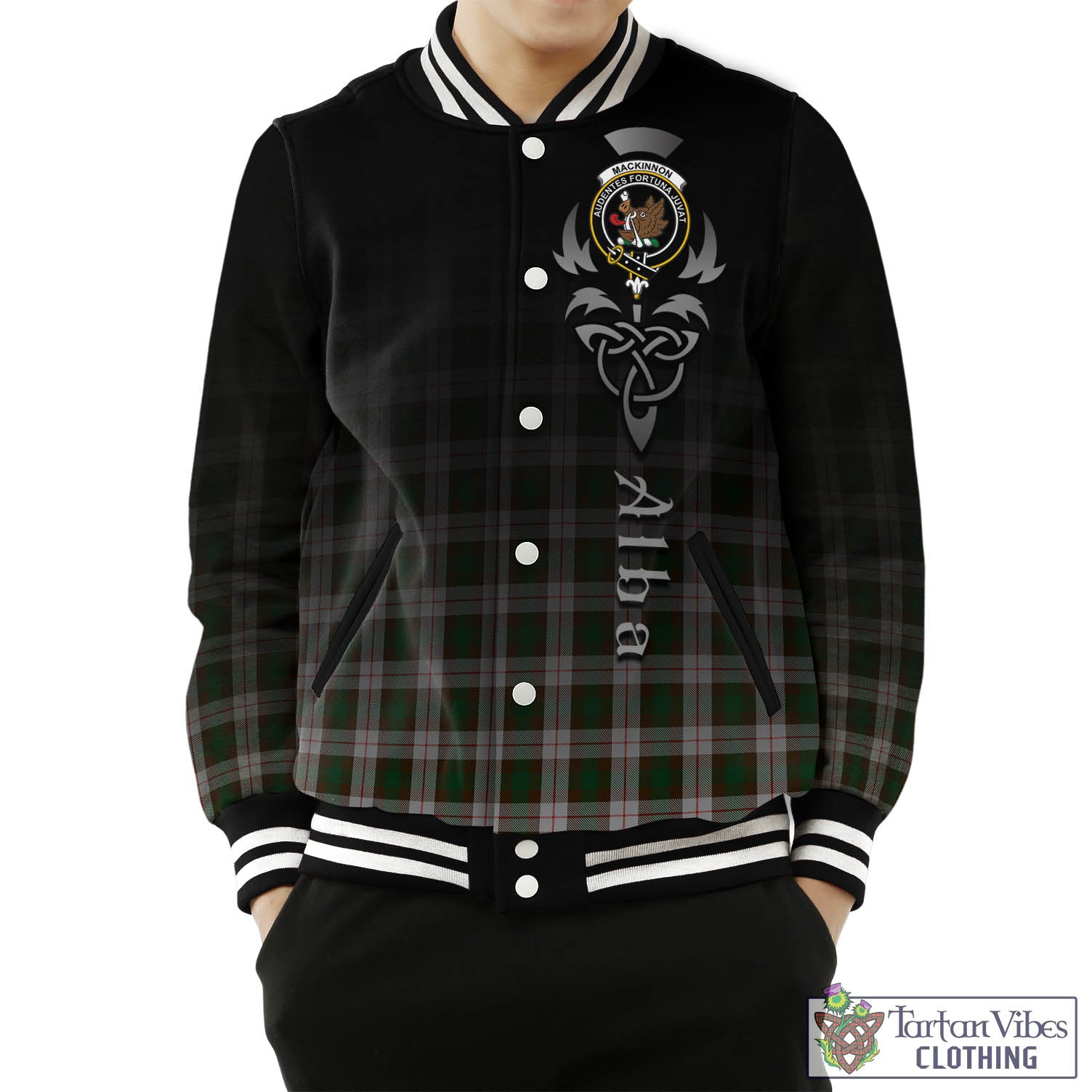 Tartan Vibes Clothing MacKinnon Dress Tartan Baseball Jacket Featuring Alba Gu Brath Family Crest Celtic Inspired