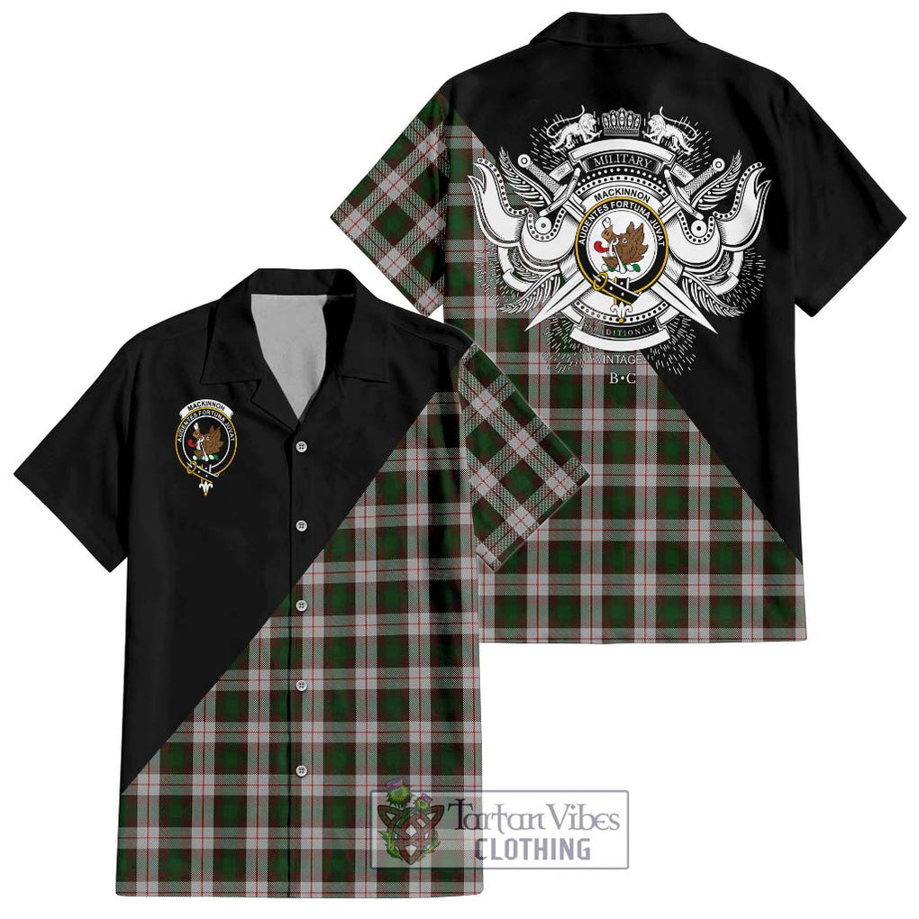 MacKinnon Dress Tartan Short Sleeve Button Shirt with Family Crest and Military Logo Style Kid - Tartanvibesclothing Shop