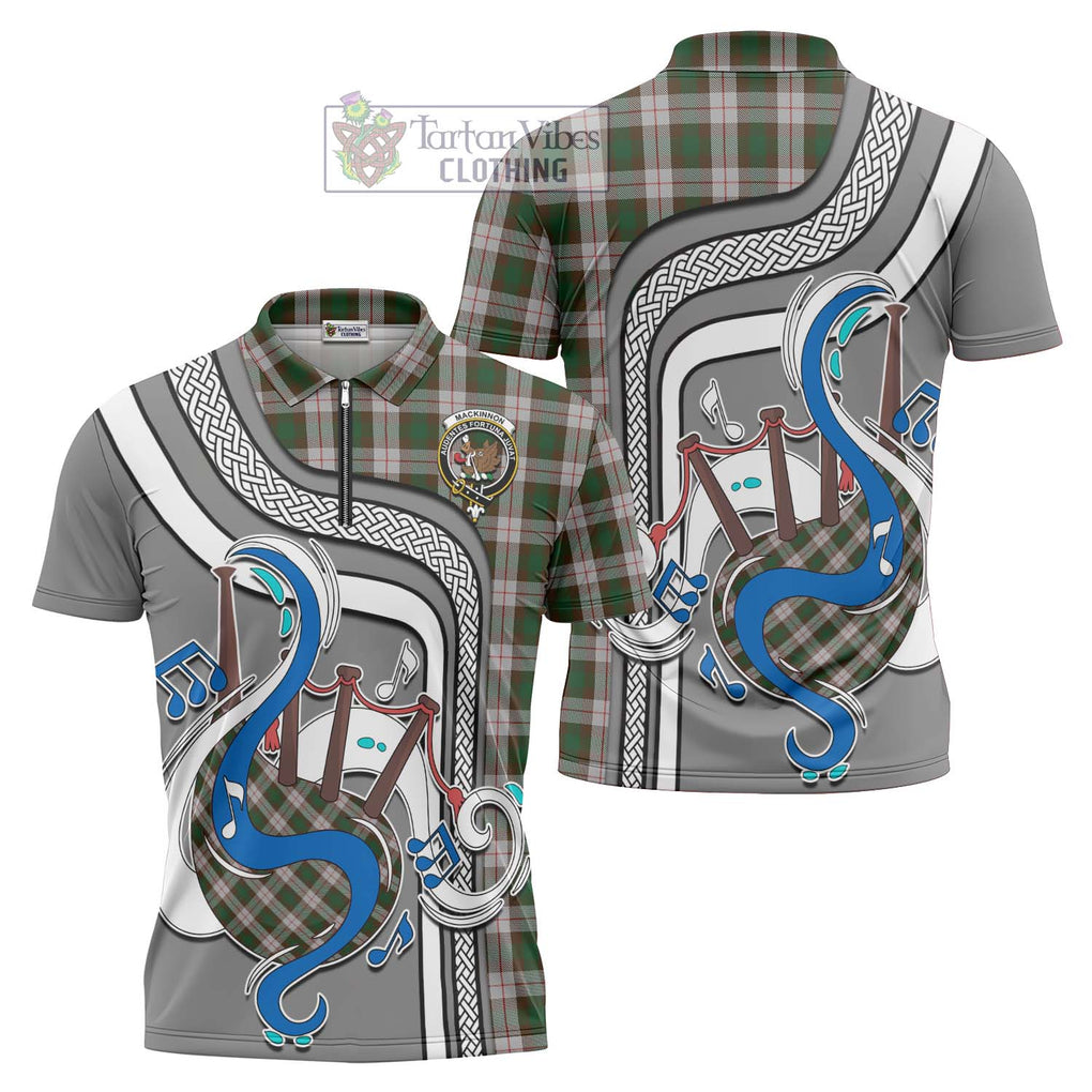 MacKinnon Dress Tartan Zipper Polo Shirt with Epic Bagpipe Style Unisex - Tartanvibesclothing Shop