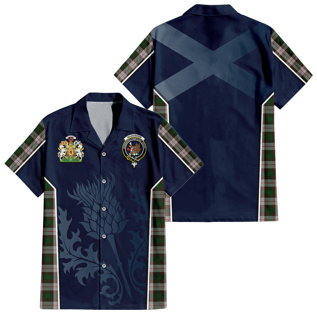 Tartan Vibes Clothing MacKinnon Dress Tartan Short Sleeve Button Up Shirt with Family Crest and Scottish Thistle Vibes Sport Style