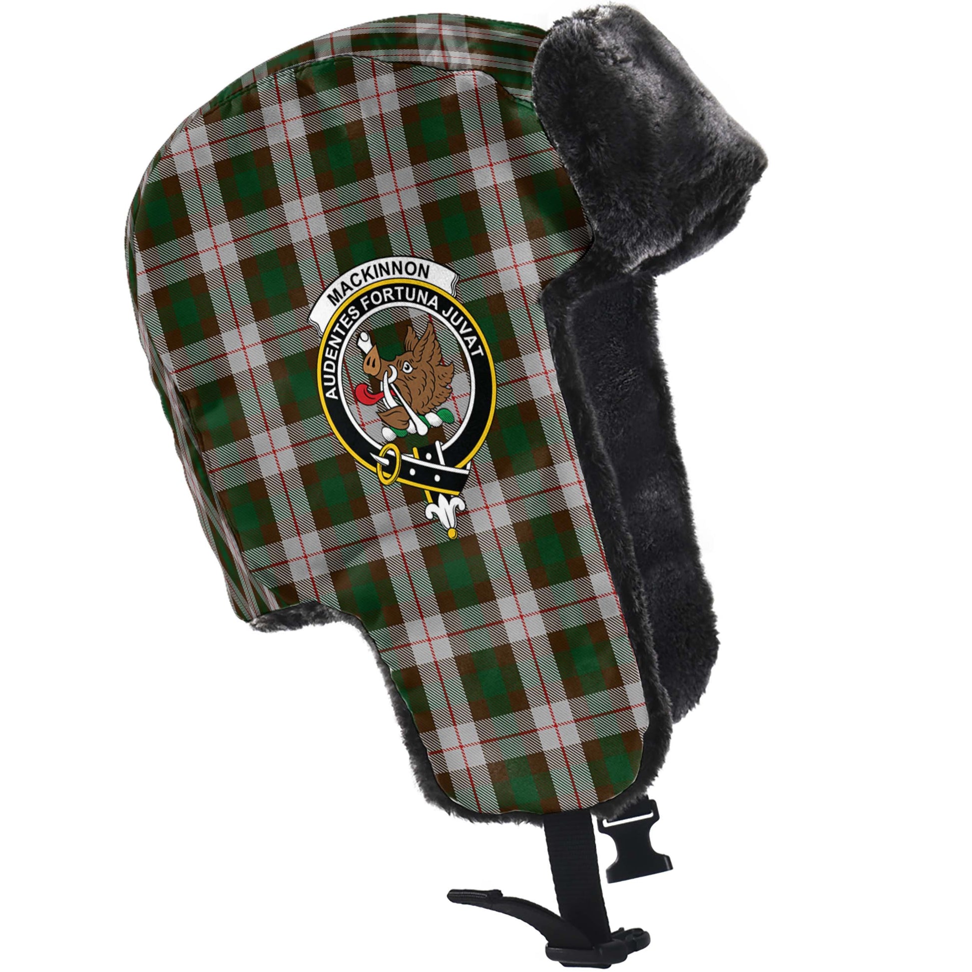 MacKinnon Dress Tartan Winter Trapper Hat with Family Crest - Tartanvibesclothing