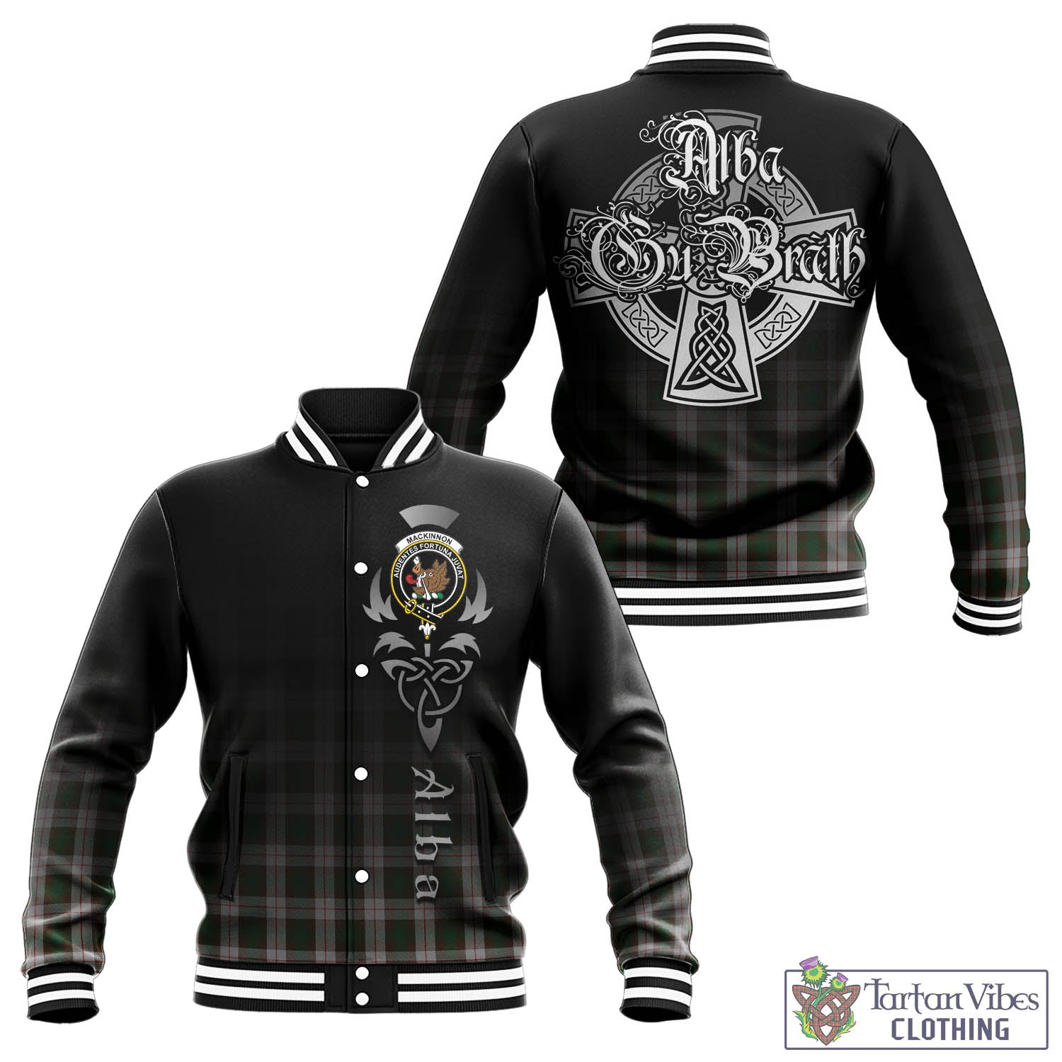 Tartan Vibes Clothing MacKinnon Dress Tartan Baseball Jacket Featuring Alba Gu Brath Family Crest Celtic Inspired