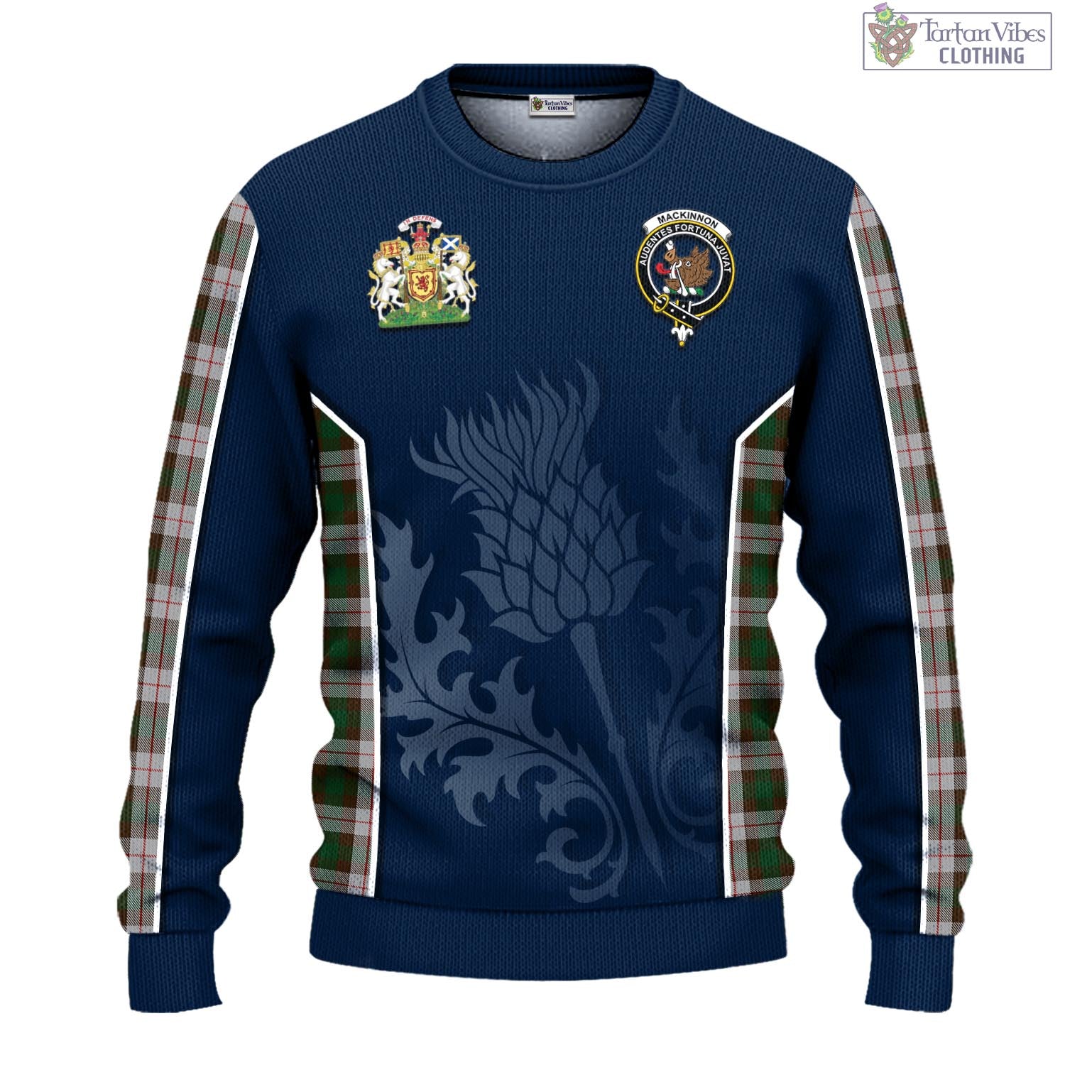 Tartan Vibes Clothing MacKinnon Dress Tartan Knitted Sweatshirt with Family Crest and Scottish Thistle Vibes Sport Style