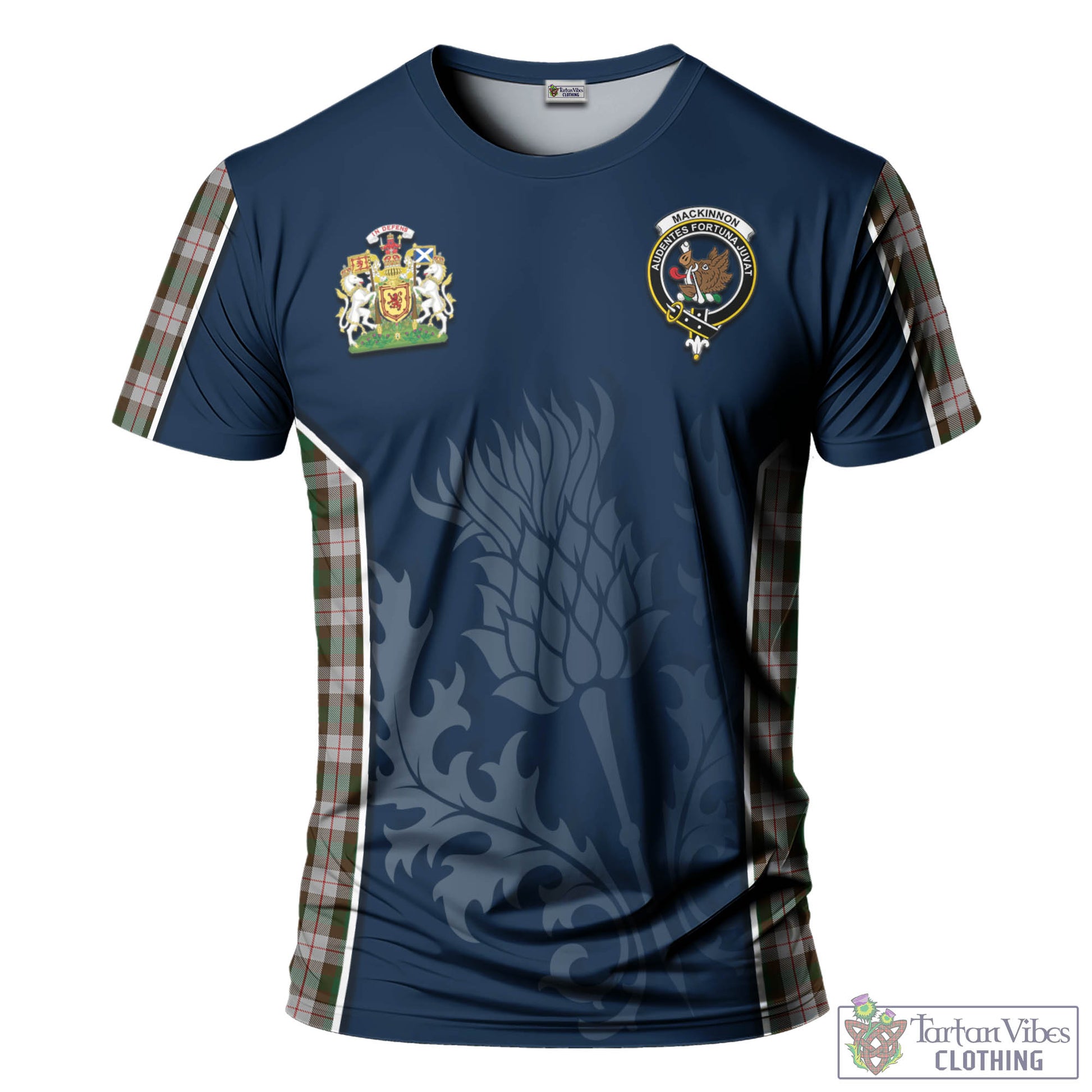 Tartan Vibes Clothing MacKinnon Dress Tartan T-Shirt with Family Crest and Scottish Thistle Vibes Sport Style