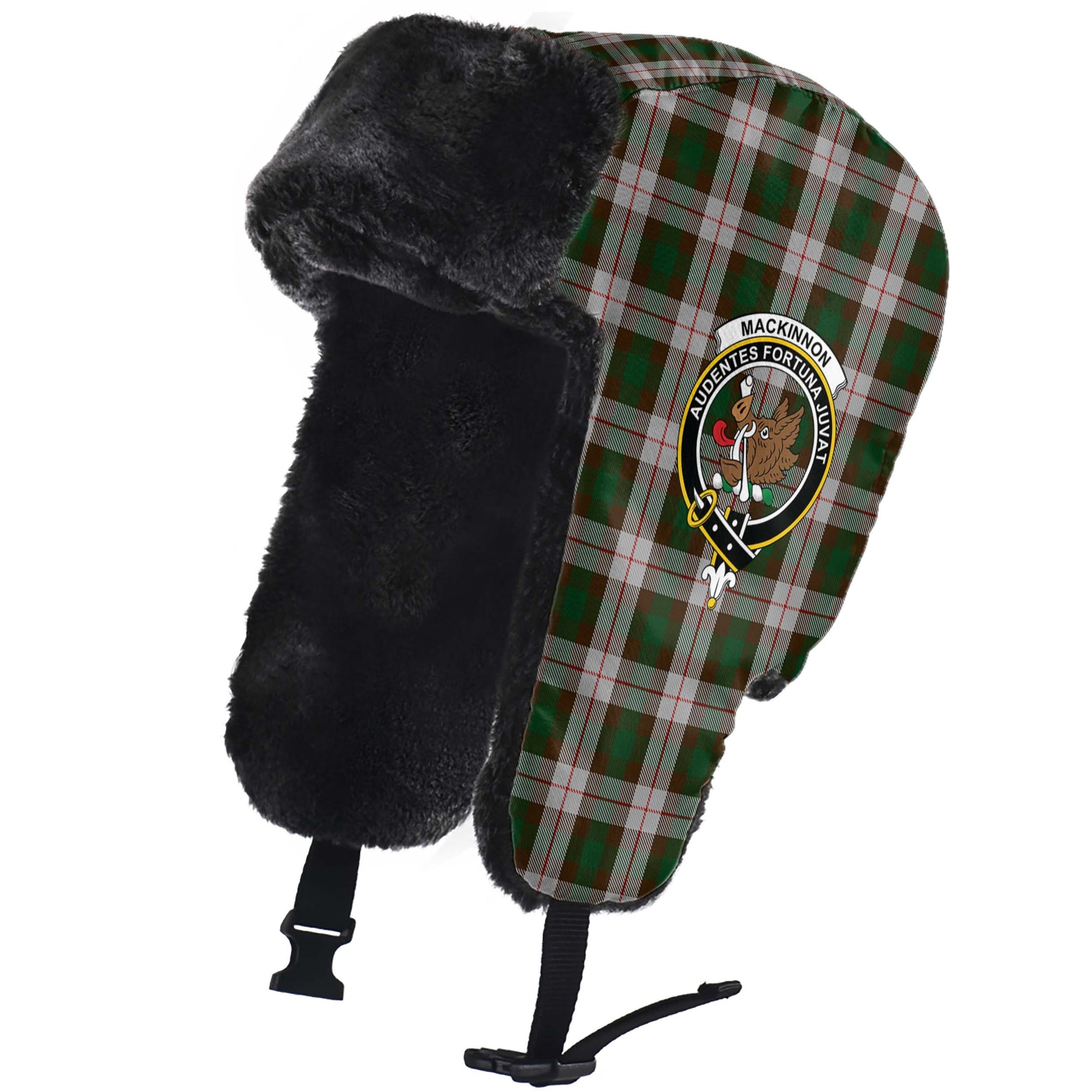 MacKinnon Dress Tartan Winter Trapper Hat with Family Crest - Tartanvibesclothing