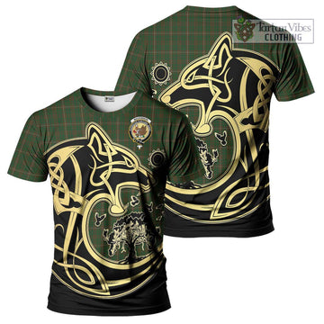 MacKinnon Hunting Tartan T-Shirt with Family Crest Celtic Wolf Style