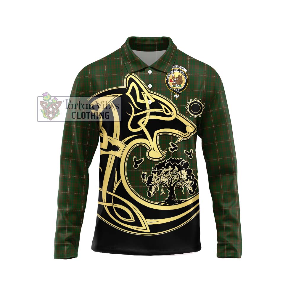 MacKinnon Hunting Tartan Long Sleeve Polo Shirt with Family Crest Celtic Wolf Style Unisex - Tartanvibesclothing Shop