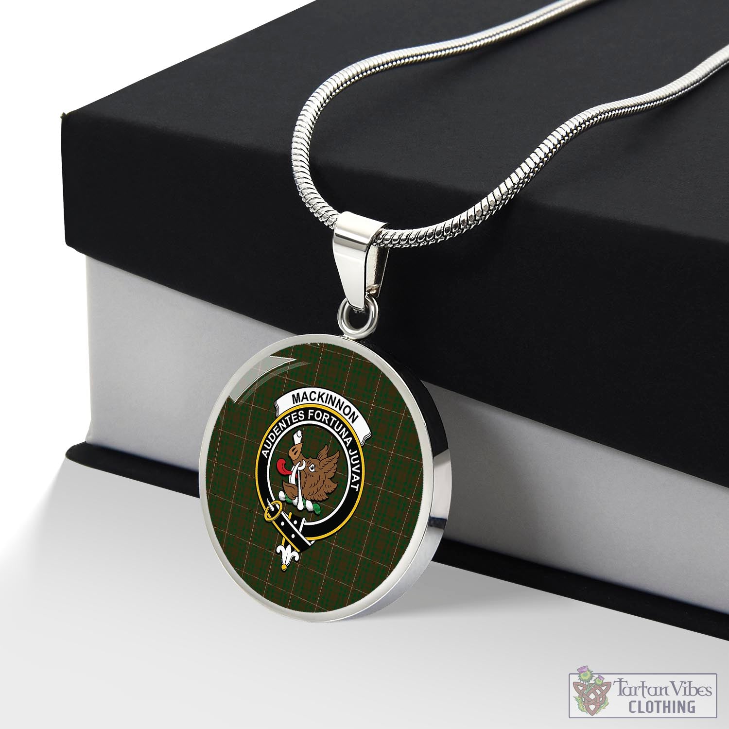 Tartan Vibes Clothing MacKinnon Hunting Tartan Circle Necklace with Family Crest