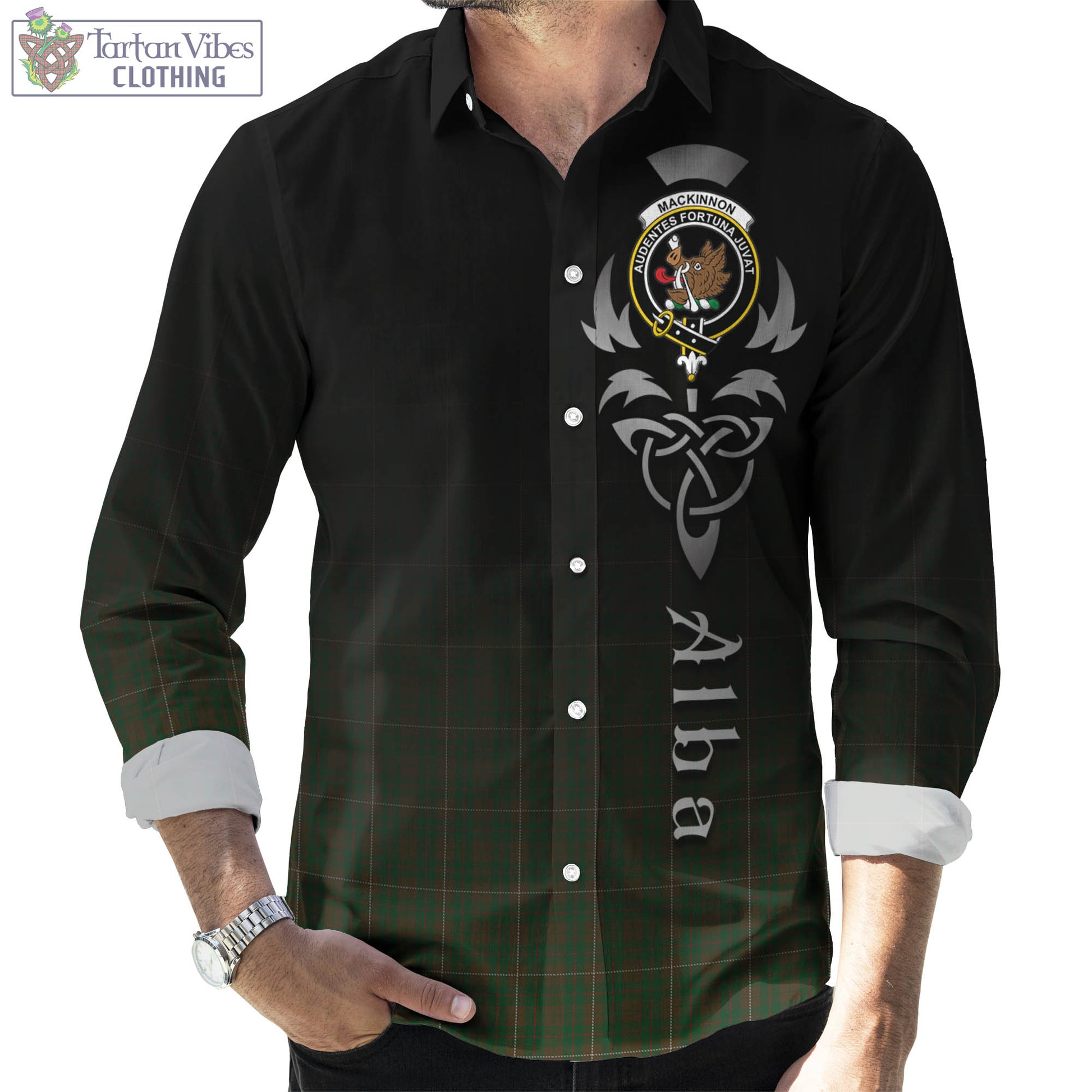 Tartan Vibes Clothing MacKinnon Hunting Tartan Long Sleeve Button Up Featuring Alba Gu Brath Family Crest Celtic Inspired