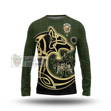 MacKinnon Hunting Tartan Long Sleeve T-Shirt with Family Crest Celtic Wolf Style