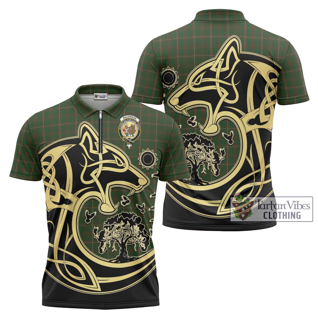 MacKinnon Hunting Tartan Zipper Polo Shirt with Family Crest Celtic Wolf Style Unisex - Tartanvibesclothing Shop